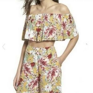 Leith Yellow Mineral Floral Off the Shoulder Crop Top